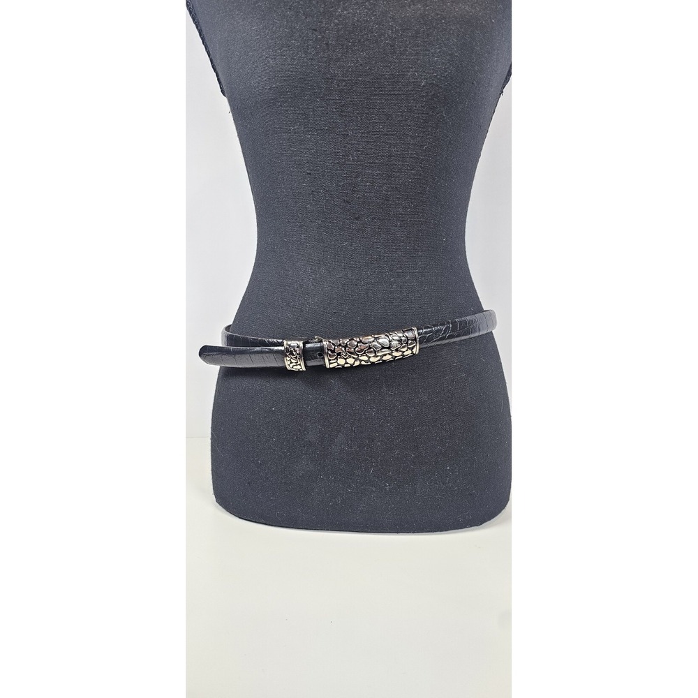 LADY CAPTIVA Black Leather Embossed Belt Size L Silver Hardware Silver Buckle